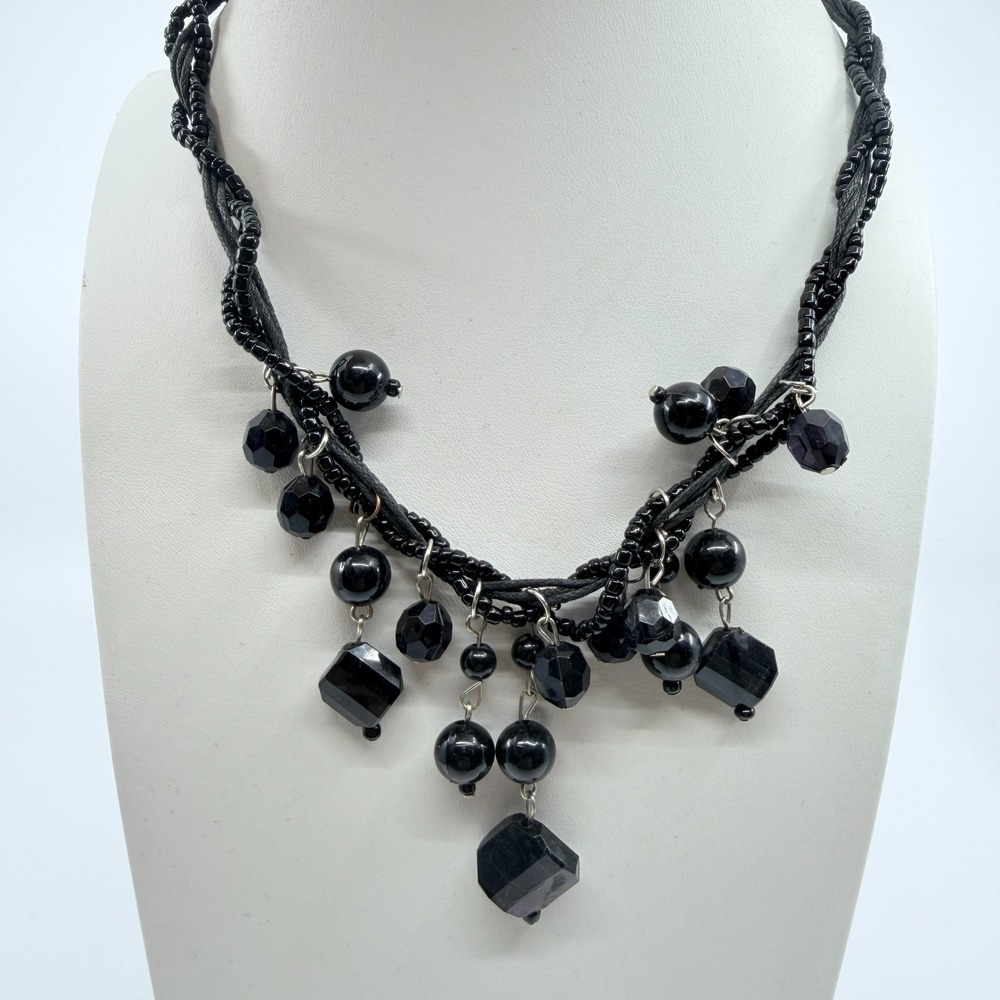 VTG Y2K Black Multi Strand Seed Bead Necklace Chunky Drop Dangle Statement Goth